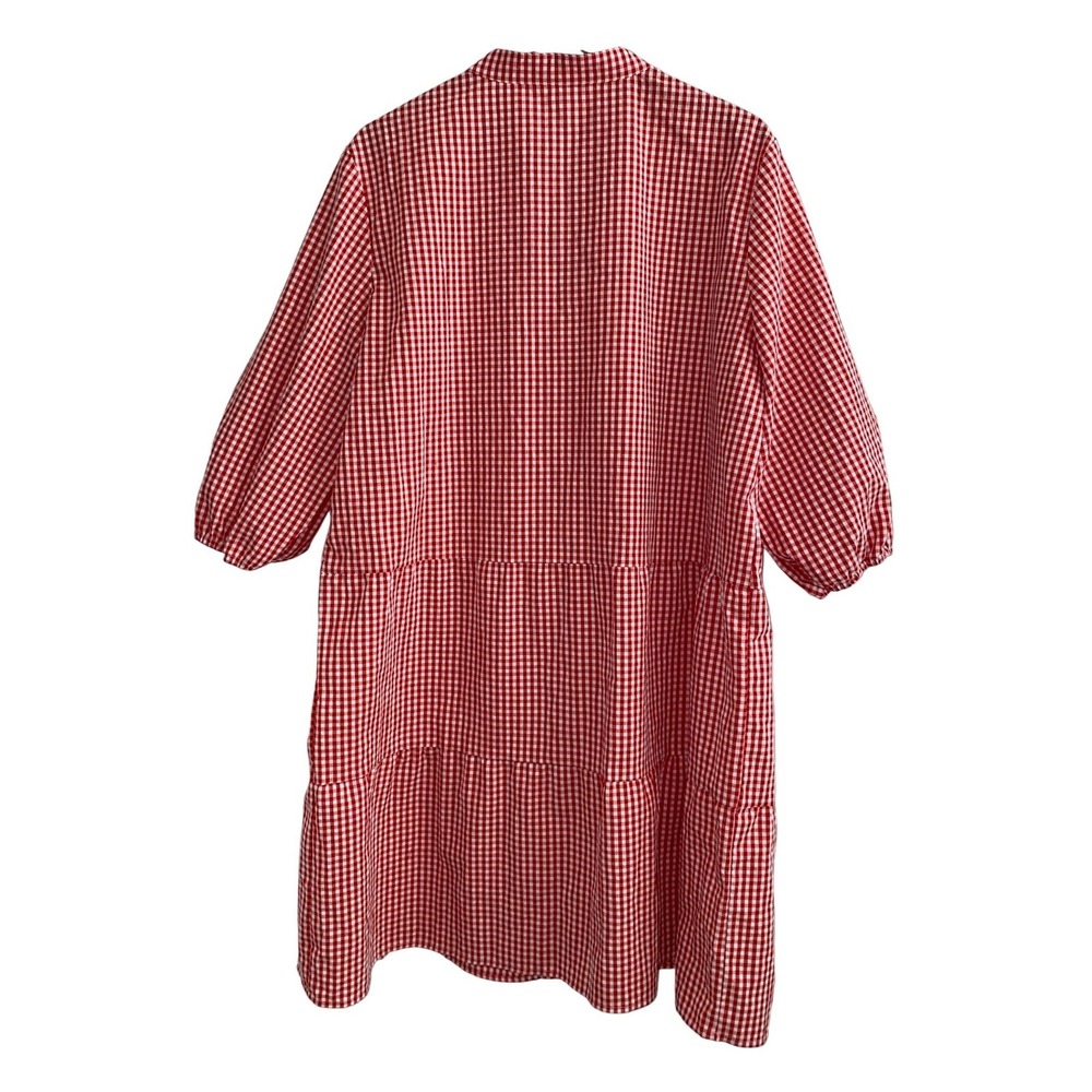Gingham Tiered Flowy Button Puffy‎ Sleeve Midi Dress Red White XL - Picture 4 of 6